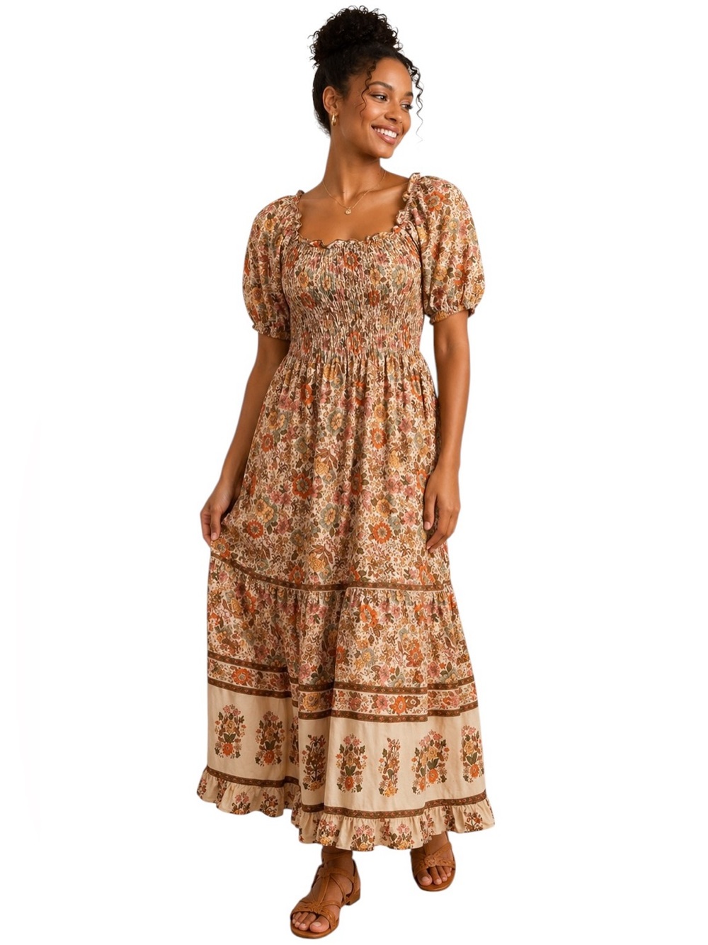 KINDRED Boho Floral Maxi Dress Smocked Waist Puff Sleeve Rayon Women’s Size XL